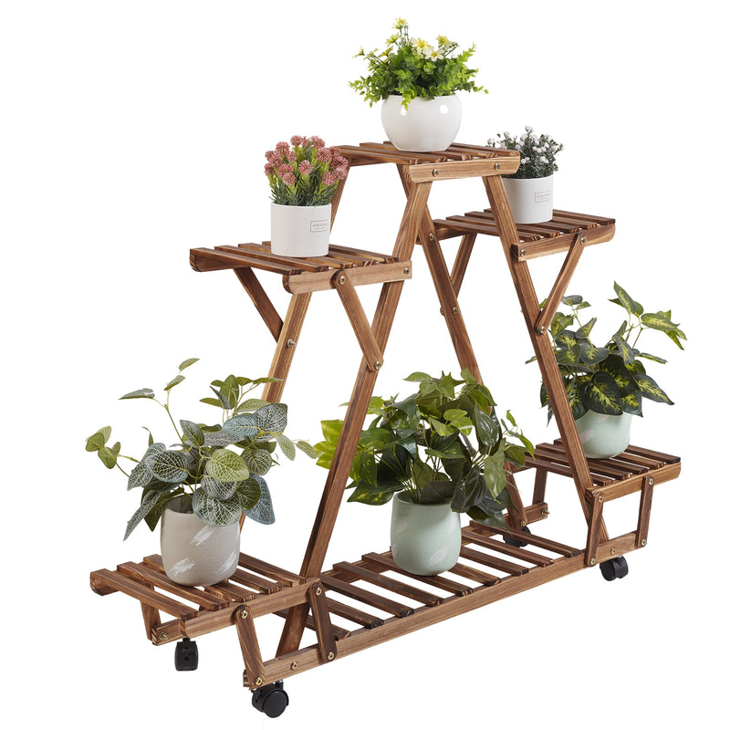 Estante triangular para plantas, 6 macetas de madera carbonizada, soporte para macetas, estante de almacenamiento con ruedas para jardín