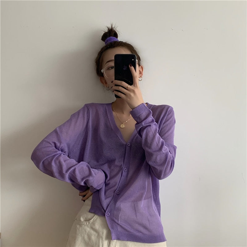 Cardigan Women Korean Long Sleeve Cardigan Summer Cropped Cardigan Knitted V-Neck Thin Ice Silk Sweaters Sunscreen Shirt Tops