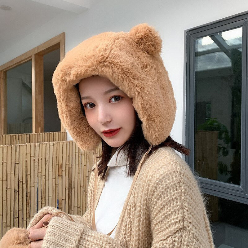 Women Winter Hats Cute Ear Fleece Fur Earflap Caps Solid Plain Women Ski Caps Female Russian Hats Ladies Trapper Hats