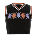 Sweetown Argyle Plaid Knitted Tank Top Female Streetwear Preppy Style New Clothes Stripe VNeck Cropped Knitwear 90s Sweater Vest