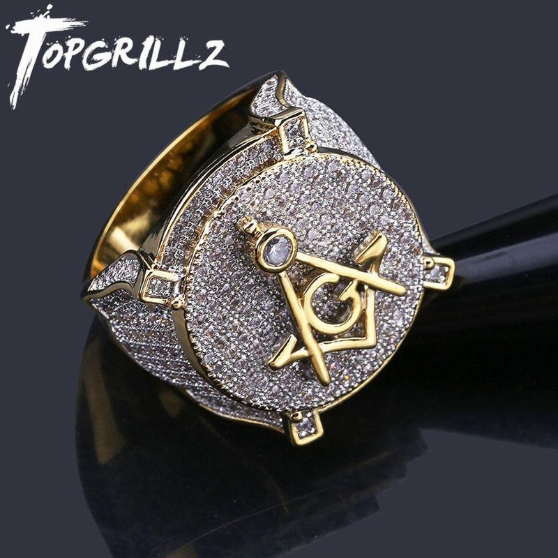 TOPGRILLZ Hip Hop Color dorado latón plateado helado Micro Pave Cubic Zircon anillo masónico encanto para hombres regalos con 7 8 9 10 11