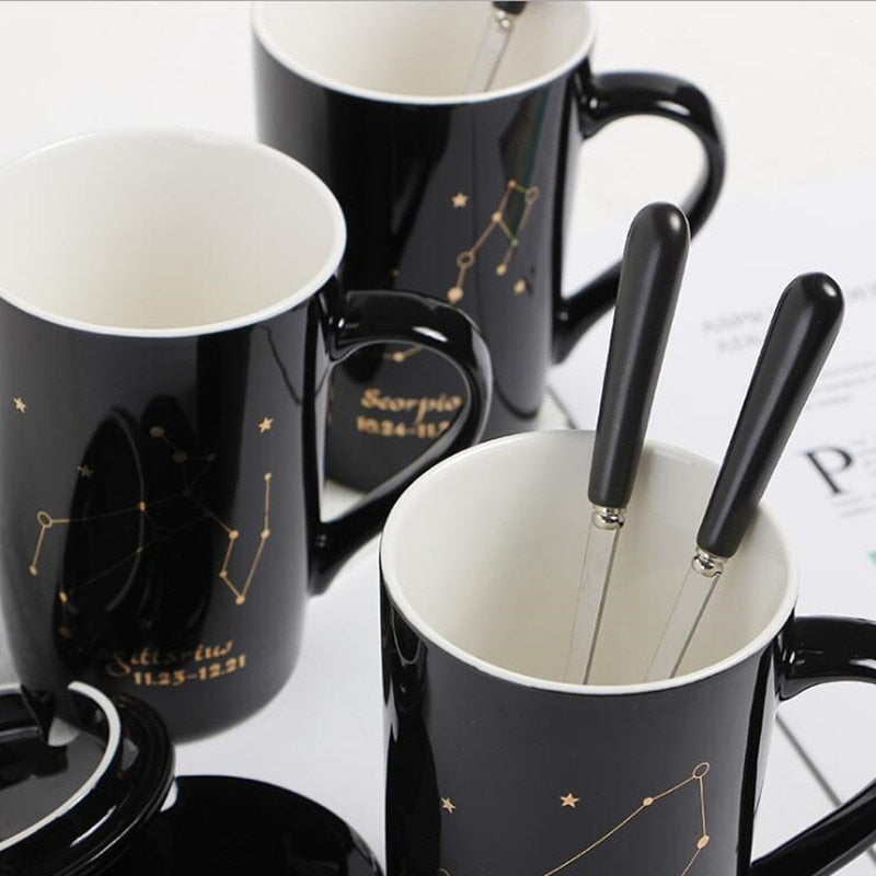 With Gift Box 12 Constellations Creative Ceramic Mugs with Spoon Lid Black and Gold Porcelain Zodiac Milk Coffee Cup 400ML Water