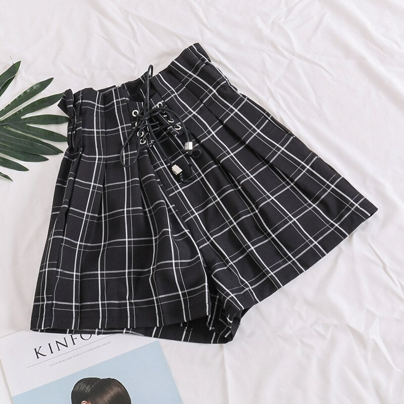 HELIAR 2022 Spring Women Plaid Shorts Elastic Waist Drawstring Wide Leg Shorts With Saches High Waist Shorts For Women