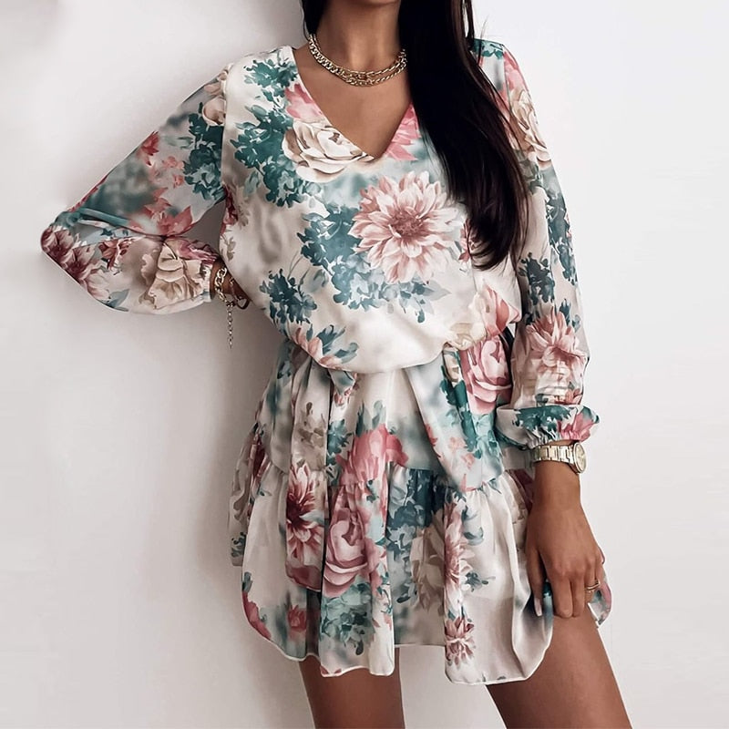 Primavera mujer gasa cuello en V flor estampado vestido Casual manga larga Vestido corto mujer Boho ocio A Line Vestidos de fiesta 2021