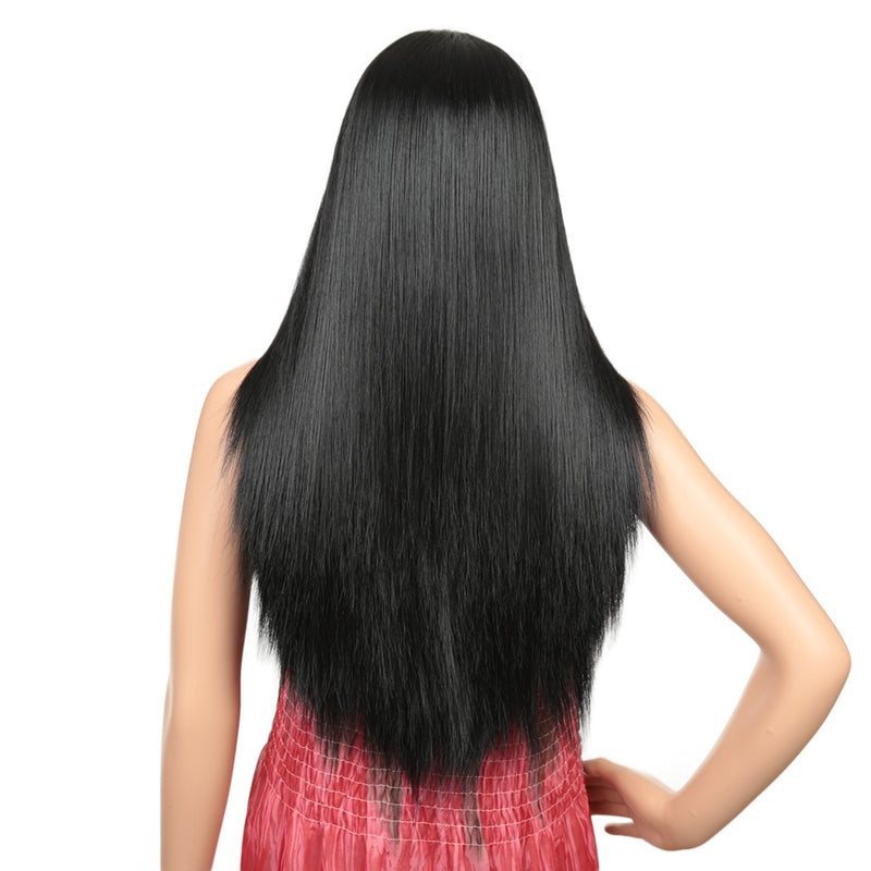Peluca recta larga de 26 ", pelucas de encaje sintético para mujeres negras, resistente al calor, naturaleza, negro, parte media, cabello Expo City