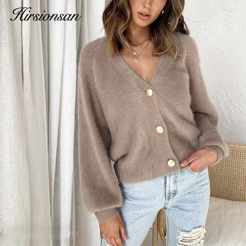 Hirsionsan Elegant Long Sleeve Mohair Sweater Women 2020 New Single-Breasted Female Short Cardigan Soft Flexible Knitted Outwear