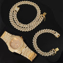 Halskette + Uhr + Armband Hip Hop Miami Curb Kubanische Kette Goldfarbe Iced Out Gepflasterte Strasssteine ​​CZ Bling Rapper Für Herrenschmuck