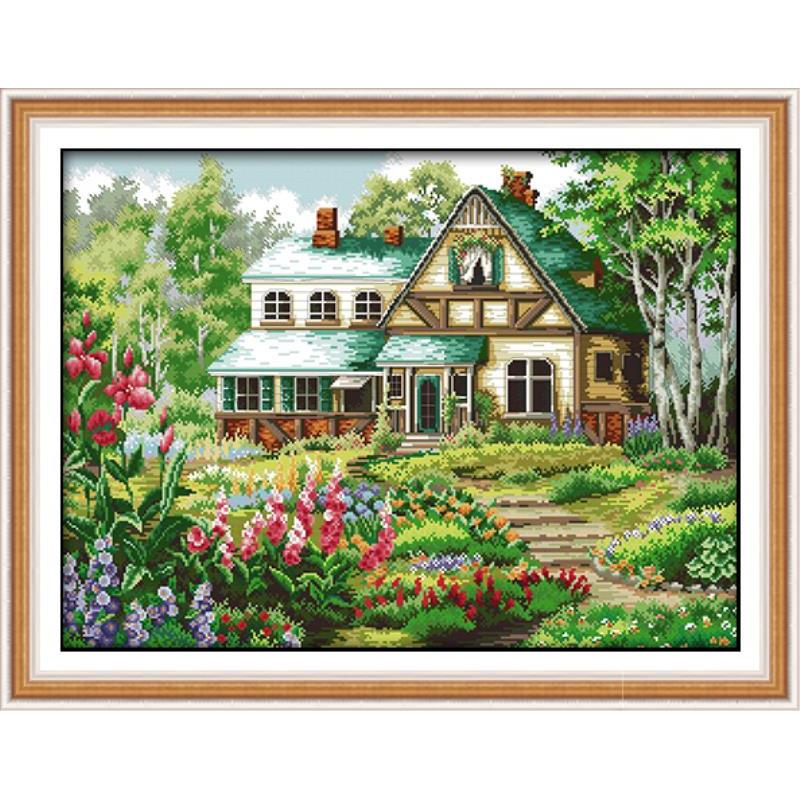 Juego de punto de cruz con cuentas de la cabaña de cuento de hadas DMC 11CT 14CT DIY villa paisaje pintura costura bordado kit decoración del hogar