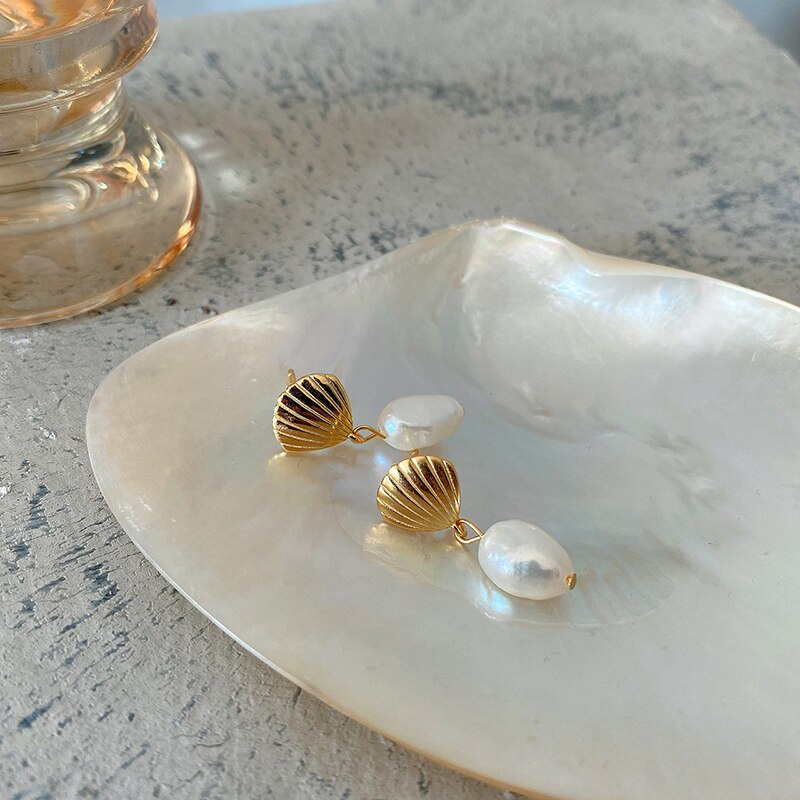Peri'sBox, pendientes de perlas de agua dulce naturales de concha de oro, pendientes irregulares de plata de ley 925 para mujer, pendientes de gota Vintage