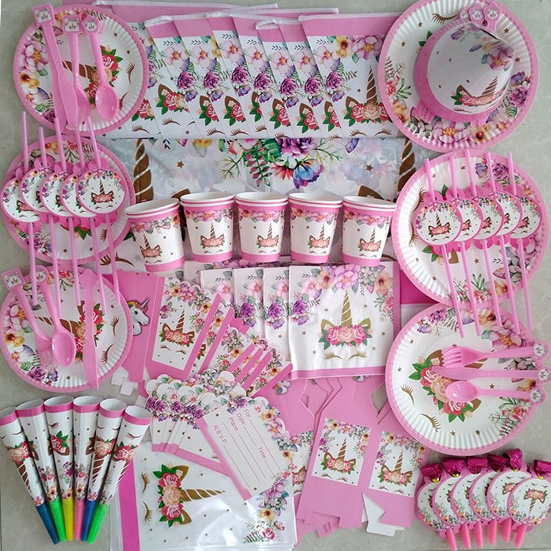 Unicorn Party Supplies Disposable Tableware Set Kids Birthday party Decoration Unicornio Decor Plates Cup Banner Baby Shower