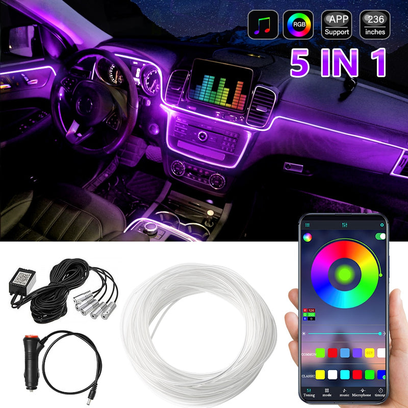 Luz ambiental para coche, aplicación de decoración Interior ambiental, Control de sonido, tiras Led de neón RGB inalámbricas, lámparas flexibles automáticas