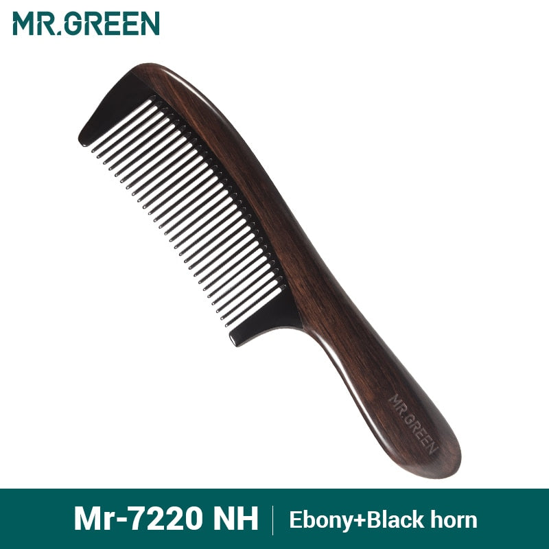 Peine MR.GREEN de madera Natural con estructura de empalme de cuerno, peine de pelo de dientes finos, cabeza antiestática, regalo de masaje de punto de acupuntura