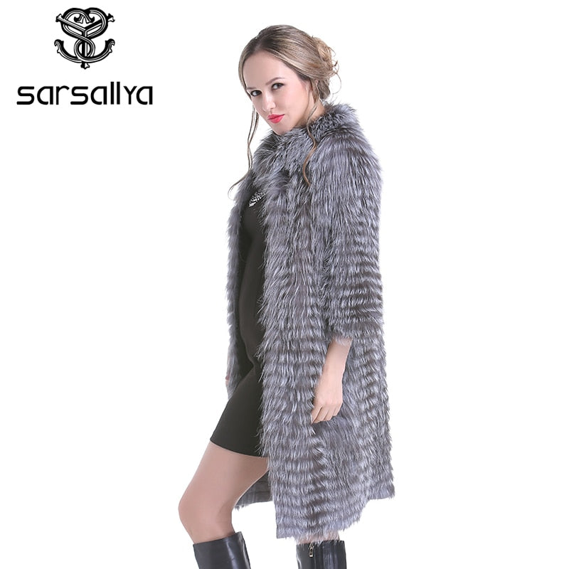 Fuchspelz Mäntel Frauen Silber Fuchs Natürliche Pelzmäntel Weibliche Herbst Gestrickte Lange Echtpelz Jacken Damen Mode Luxus 2020 Neu