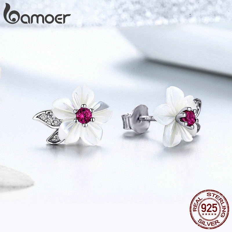 Bamoer 925 Sterling Silver Pure Shell Flower Stud Earring for Women Pave Setting CZ Fashion Korea Style Fine Jewelry BSE055