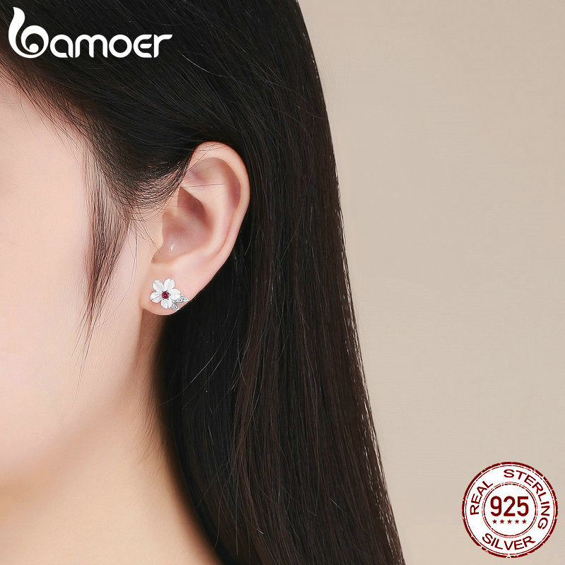 Bamoer 925 Sterling Silver Pure Shell Flower Stud Earring for Women Pave Setting CZ Fashion Korea Style Fine Jewelry BSE055