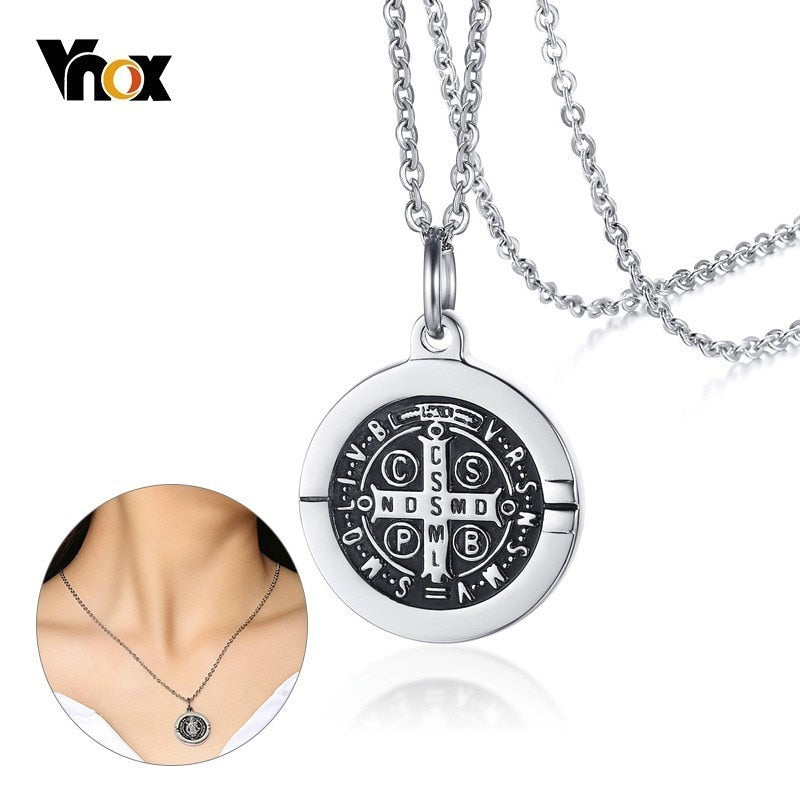 Vnox St Benedict Exorcism Pendant Necklace for Women Men Stainless Steel Catholic Roman Cross Demon Protection Ghost Hunter