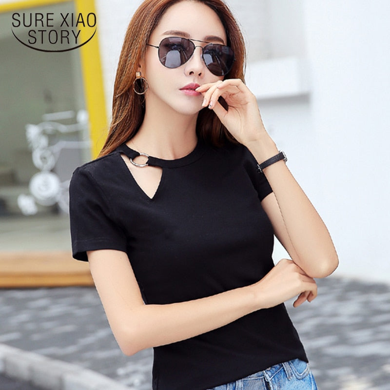 2022Summer Fashion Women T Shirt Hollow Solid Color O-neck Short Sleeved Short Shirt Women Casual Tops Clothing Korean Style