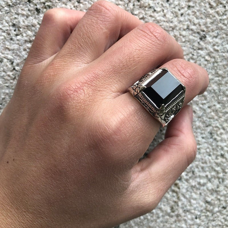 ZABRA Real 925 Silber Schwarz Zirkon Ring Für Männer Weiblich Gravierte Blume Männer Mode Sterling Thai Silber Schmuck Synthetischer Onyx