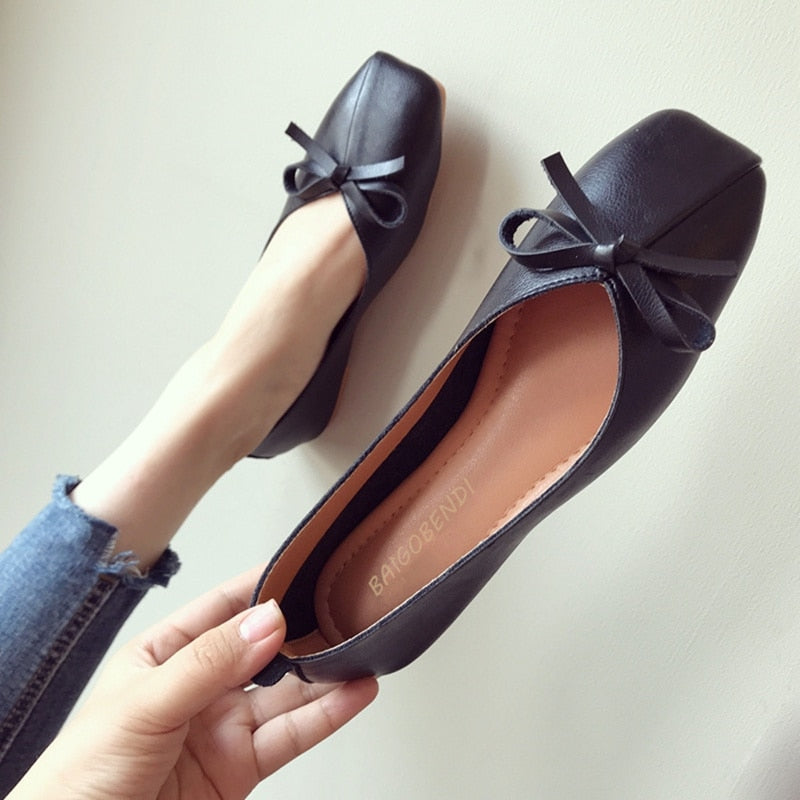 Eur Size 35-41 Bow Knot Flats Woman Square Toe Ballet  Girls Casual Shallow Mouth Summer Concise Shoes