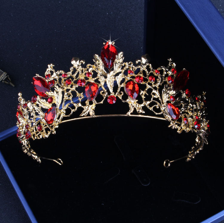 Barock Vintage Gold Farbe Rot Kristall Brautschmuck Sets Strass Diademe Krone Choker Halskette Ohrringe Hochzeit Zubehör