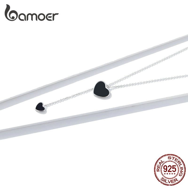 Bamoer, collar con colgante de corazón negro doble de Plata de Ley 925 para mujer, collar de cadena en forma de Y de esmalte negro Simple BSN095