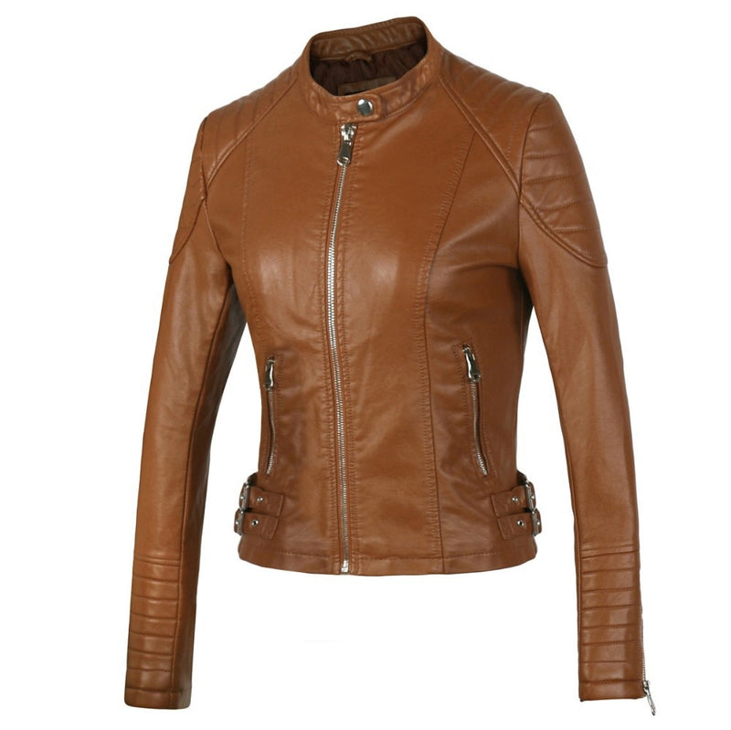 2021 Fashion Women Elegant Zipper Faux Leather Biker Jacket in Brown Black Slim Ladies Coat Casual brand Motorcycle Leather Coat