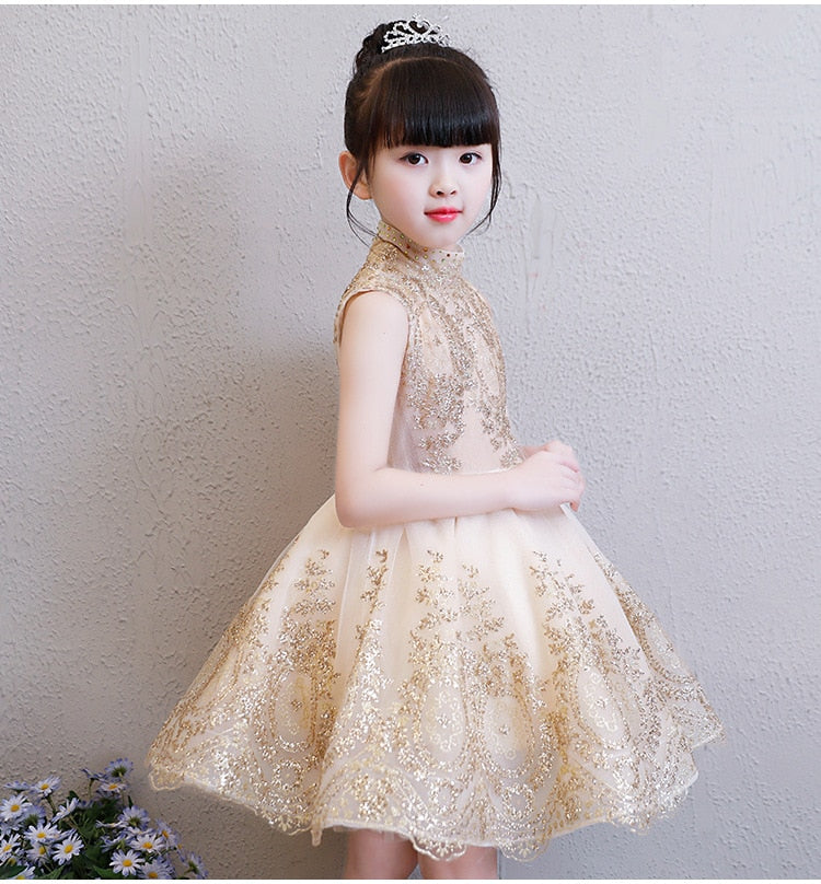 Elegante goldene Tüll Blumenmädchen Kleid Party Kinder Festzug Kleid Prinzessin Hochzeitskleid ärmellose Erstkommunion Kleider 1-14T