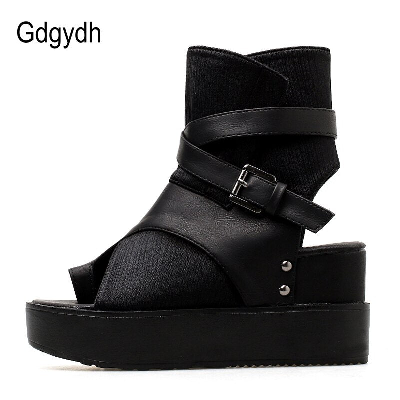 Gdgydh Black Women Ankle Boots Spring Autumn Peep Toe Flat Heel Boots For Female Buckle Platform Wedges Shoes Summer Comfortable