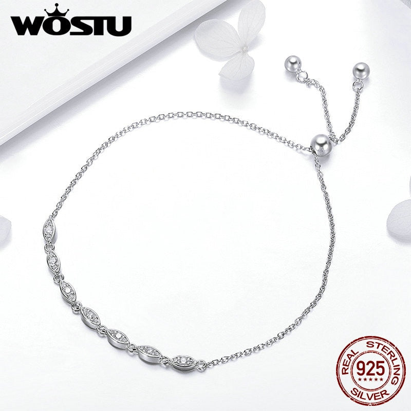 WOSTU Hot Sale 925 Sterling Silver Chain Glitter Stackable Oval CZ Stone Adjustable Women Bracelet Luxury Silver Jewelry CQB086
