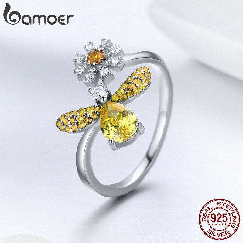 BAMOER 100% Authentic 925 Sterling Silver Fashion Bee with Daisy Flower Open Size Finger Ring for Women Party Jewelry SCR348