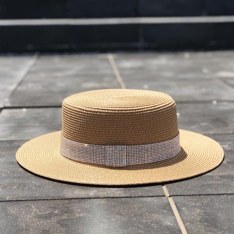 Spring Summer New Retro Gold Braided Flat Head Straw Hat Lady Wide Eaves Sunscreen Sun Hat Diamond Cap 2019 Hot