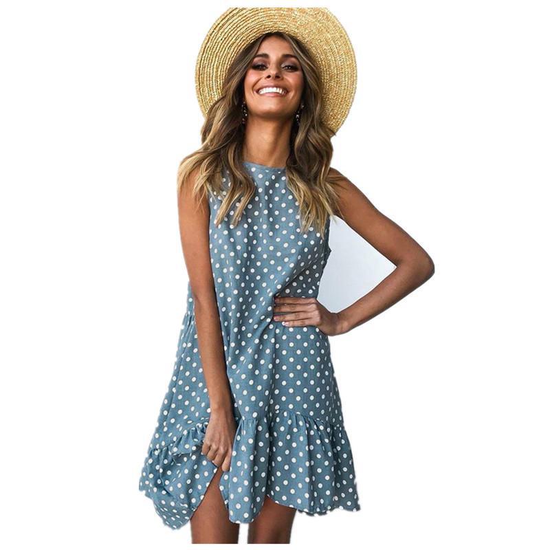 Vestido de verano para mujer, vestido de playa informal sin mangas con cuello redondo y volantes de punto ondulado para mujer, vestidos transparentes de talla grande para mujer 2020