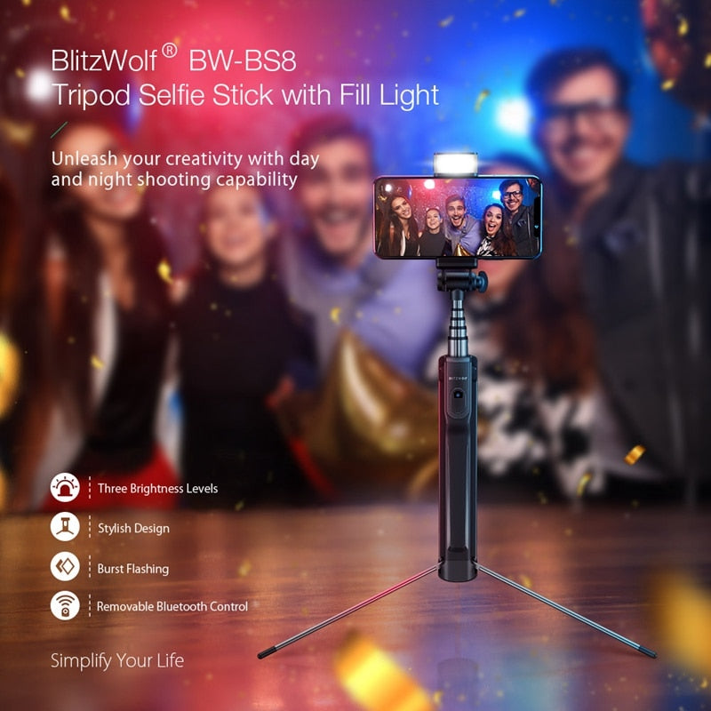 Blitzwolf 3 IN 1 LED-Aufhelllicht Bluetooth-kompatibles kabelloses Selfie-Stick-Stativ Ausziehbares Einbeinstativ für iPhone für Huawei