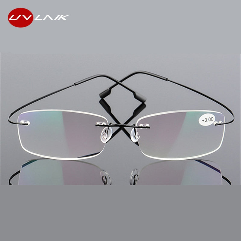 UVLAIK Stainless Steel Reading glasses Rimless Men Women Reading Glasses Definition Anti Fatigue Ultralight Frameless Eyewear