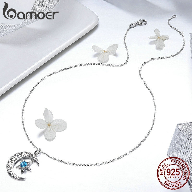 BAMOER Romantic 925 Sterling Silver Sparkling Moon And Star Necklaces Pendants for Women Fashion Necklace Jewelry Gift SCN278