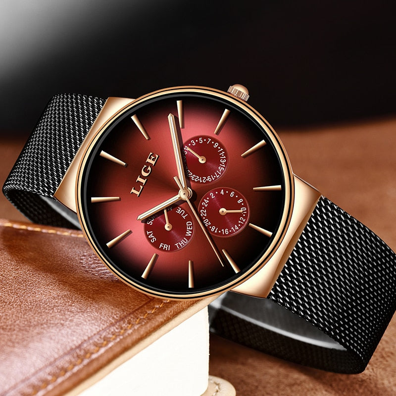 LIGE New Fashion Mens Watches Top Brand Luxury Quartz Watch Men Mesh Steel  Waterproof Ultra-thin Wristwatch For Men Sport Clock