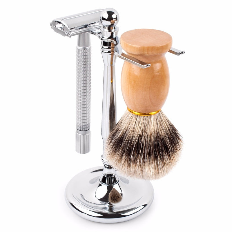 Soporte para maquinilla de afeitar QSHAVE para hombre, soporte para brocha de afeitar de acero inoxidable, soporte clásico para maquinilla de afeitar de seguridad con 4 puntas