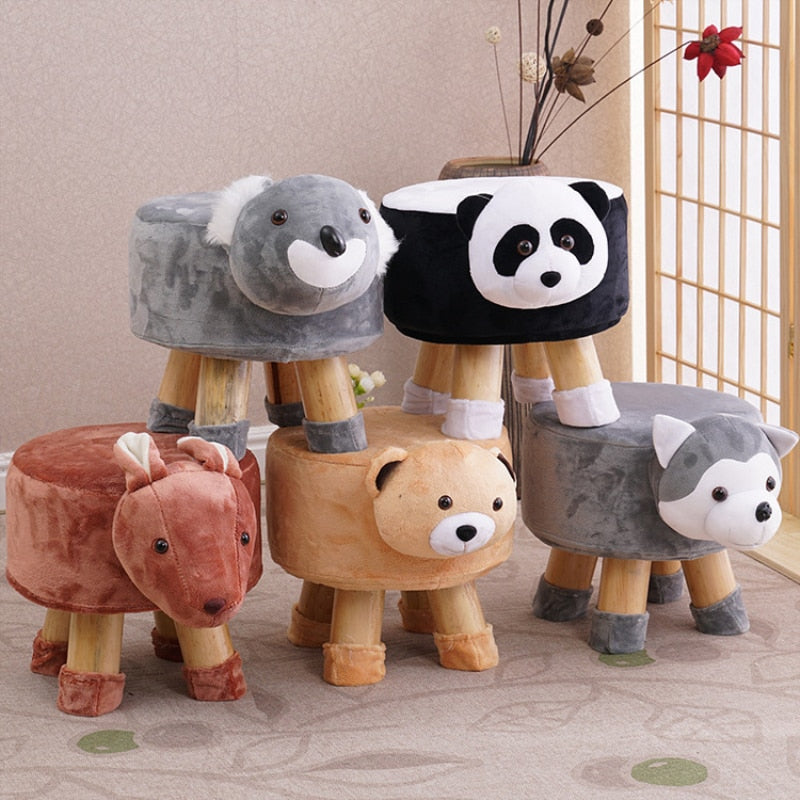 Multi-Style Handmade Animal Chair Wood Kids Stools Shoes Sofa with Plush Cartoon Cover Upscale Adult Baby Chairs Small Bench