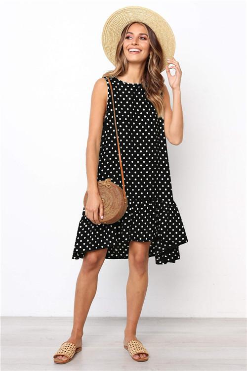 Sommerkleid Frauen Welle Punkt gekräuselte Polka O Hals ärmellos Casual Strand Sommerkleid transparent weiblich plus Größe vestidos 2020