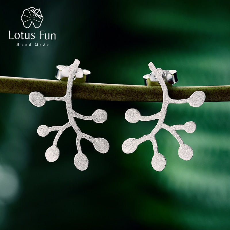 Lotus Fun Real 925 Sterling Silver Natural Creative Handmade Fine Jewelry Life Branches Leaves  Stud Earrings for Women Brincos