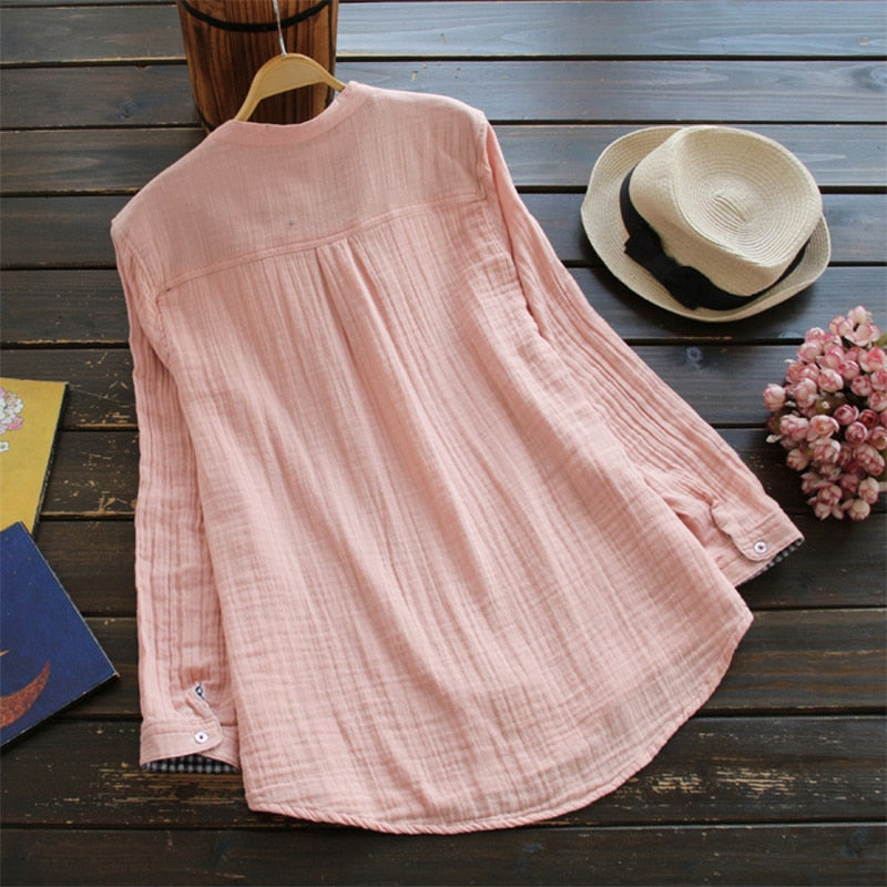 2022 ZANZEA, blusa de algodón para mujer, cuello en V liso, manga larga, bolsillos con botones, Blusas femeninas de otoño, camisa holgada de verano