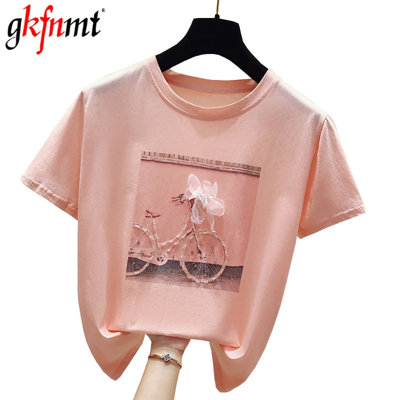 Gkfnmt 2021 moda Cool estampado mujer verano camiseta blanca algodón mujeres camisetas Casual Harajuku camiseta mujer Rosa suelta Top