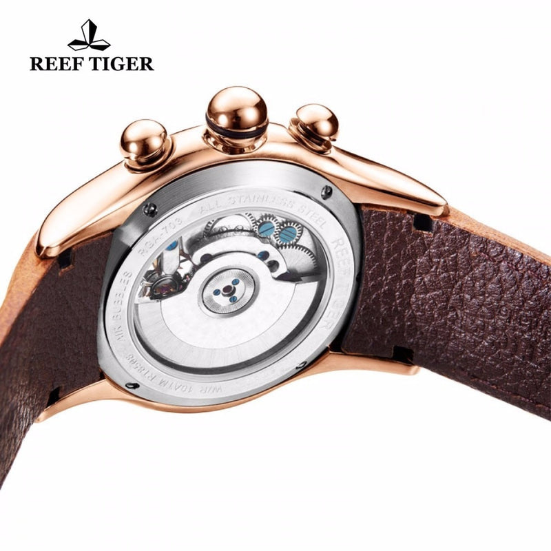 Reef Tiger/RT Sportuhr für Herren Skeleton Luminous Watch Jahr Monat Datum Tag Roségold Automatikuhren RGA703