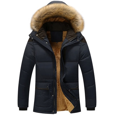 Chaquetas de invierno de piel de montaña para hombre, abrigos gruesos de lana 5XL con cuello de piel y capucha para hombre, chaqueta informal para hombre, prendas de vestir exteriores a prueba de viento SA390