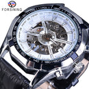 Forsining Waterproof Golden Black Skeleton Clock Two Button Decoration Mechanical Wrist Watches for Men Black Genuine Leather