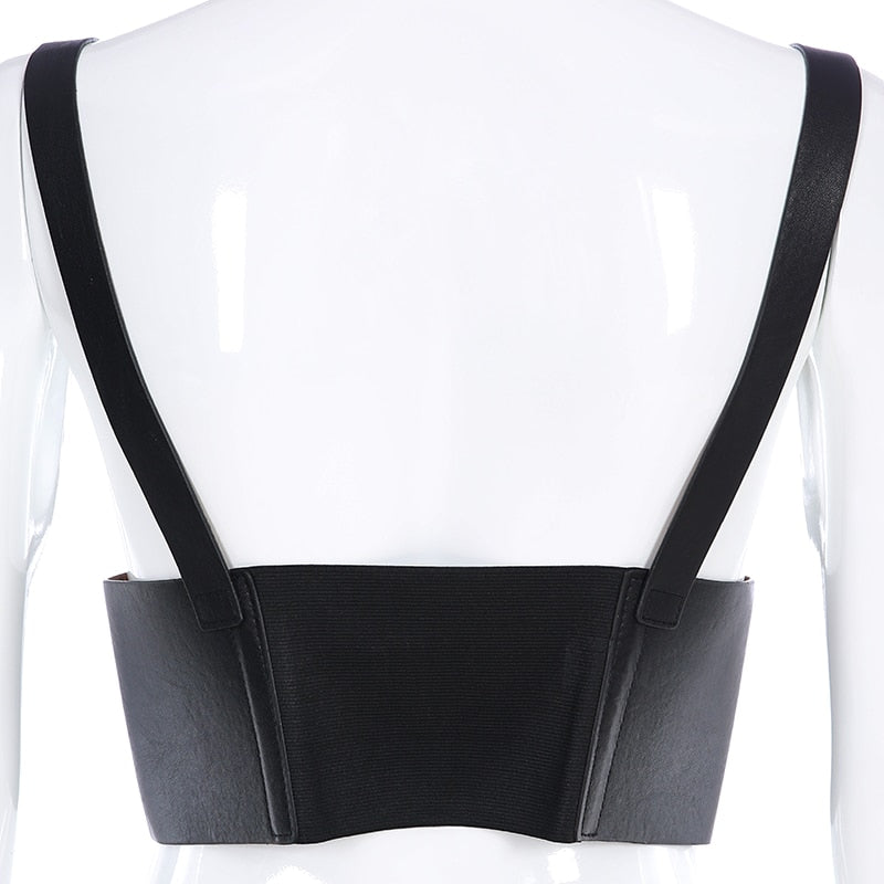 Darlingaga Streetwear Black PU Leather Crop Top Women Festival Cami Buckle Vest Cummerbunds Adjustable Summer Top Cropped Tanks