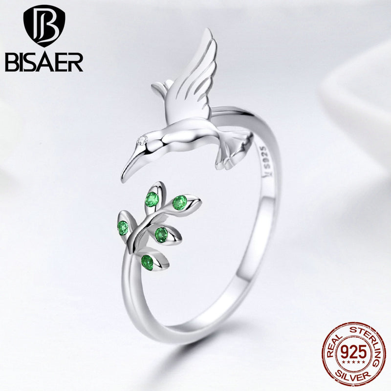 Anillo de dedo ajustable de plata de ley 925 con diseño de pájaro volador y hojas de colibríes para mujer, anillo de compromiso a la moda, joyería ECR323