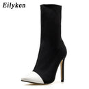 Eilyken 2022 New Women Sock Boots Pointed Toe Elastic High Boots Slip On High Heel Ankle Boots Women Pumps Stiletto Botas