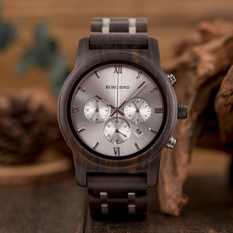 BOBO BIRD Holz Herrenuhr Holz Edelstahl Datum Quarz Chronograph Uhren Luxus Herren Geschenk Uhren relogio masculino