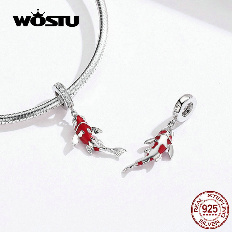 WOSTU Lucky Carp Dangle Charm 925 Sterling Silver Esmalte rojo CZ Beads Fit Original Pulsera Colgante Plata 925 Jewelry CTC085